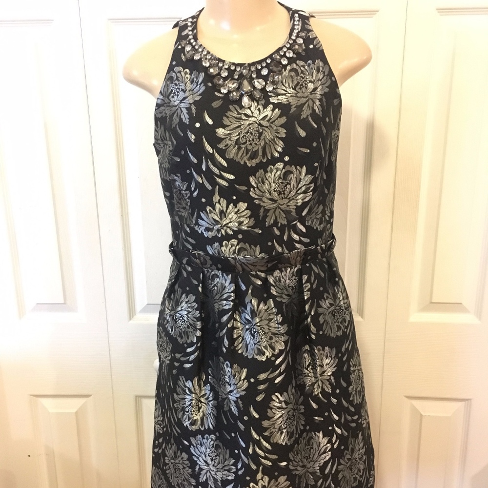 ELIZA J Black and Silver Brocade Cocktail Dress